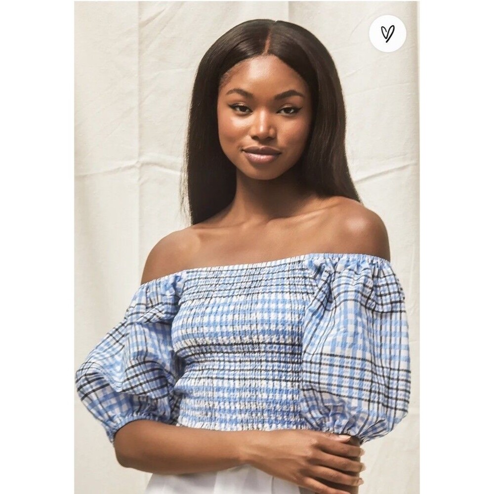 Lulus Blue Plaid Smocked Puff Sleeve Prairie Cottagecore Crop Top Size Medium